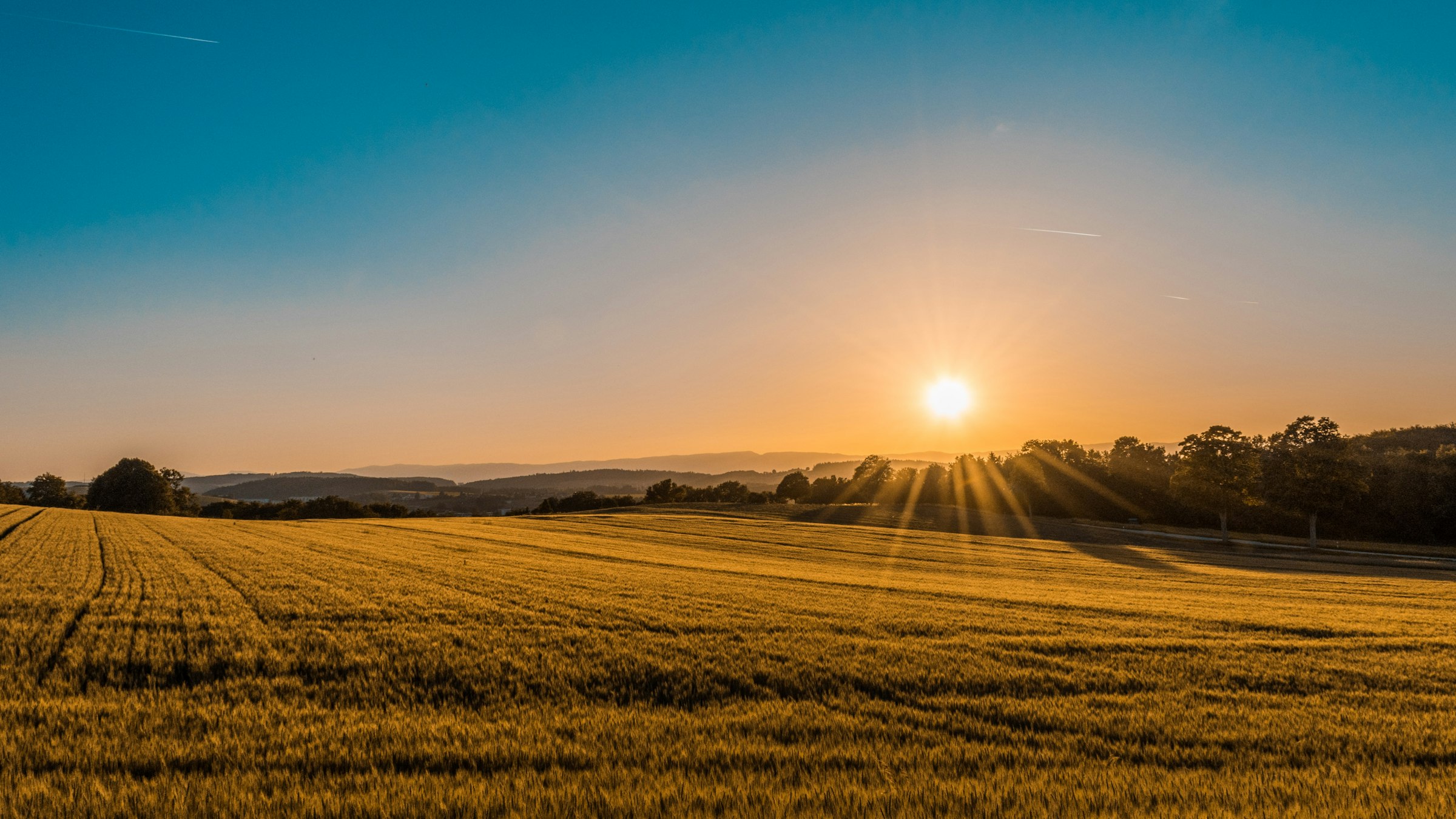 Evening light on Cotswold farmland, a path at the edge of the frame